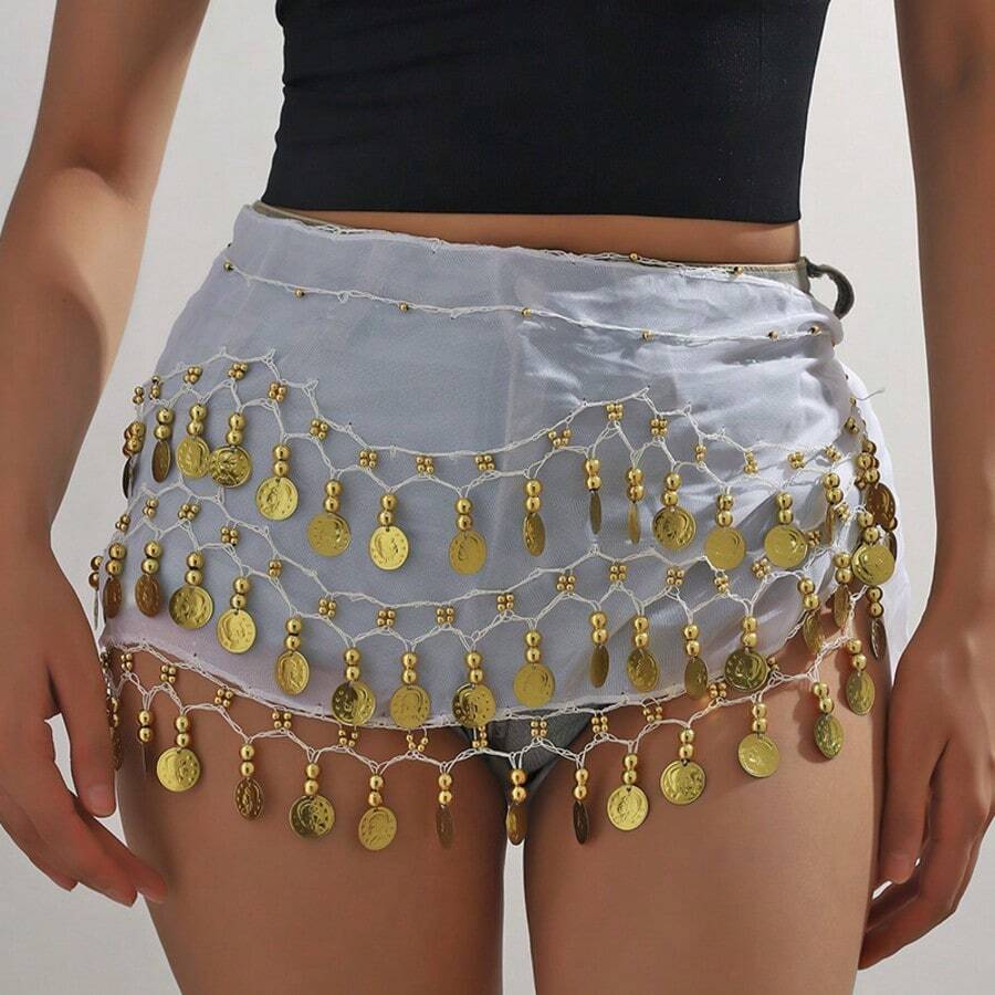 قطعة واحدة سلسلة خصر لرقصة البطن، حزام معدني شبكي لسترة البدلة ،شالة خصر ذهبية العملة لرقص البوهيمي - أبيض - مشاهدة 1