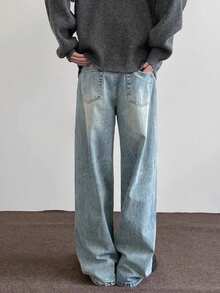 男士休闲复古宽松牛仔裤，四季皆宜，保暖 - 淺色水洗藍 - 查看 3