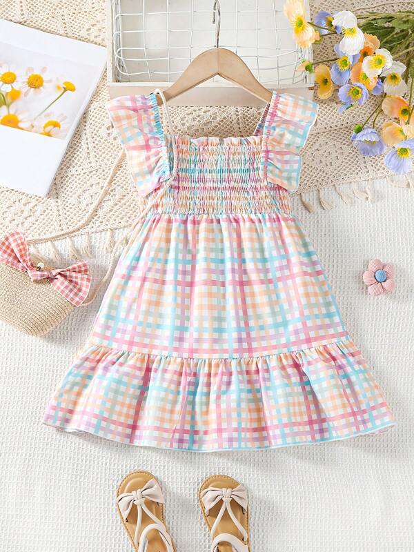 Vestito leggero per primavera/estate da ragazza, con balze in vita, contrasto di colori, maniche a campana, arricciature divertenti, vita alta con pieghe e fantasia a quadri
