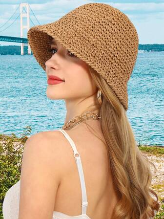 1顶女士手工草编遮阳帽，UPF 50+ 防紫外线宽檐渔夫帽，可折叠便携，适合旅行、海滩和夏季使用。编织钩针设计，软帽檐，多种纯色可选，时尚防晒，返校季、旅行度假必备单品，女士发饰，美发，旅行，美发产品，美发工具，美发用品，理发师，理发配件，理发店，美发设备