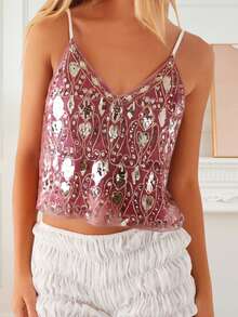 Women's Sequin Bead Cropped Camisole Spaghetti Strap V-Neck Slim Fit Tank Tops Streetwear - 粉色 - 查看 2