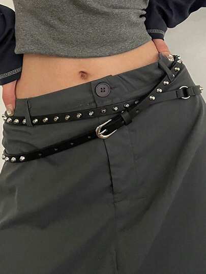 1 Stück Punk Metall Schnalle Nieten Schwarzer Gürtel, Y2K Goth Doppelschicht dünner Ledergürtel, sehr lang, geeignet für täglichen Sommer-Alltag, Schule Herbst, Herbst, Halloween