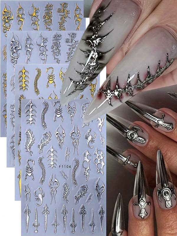 4 pzas Adhesivos para uñas con diseños futuristas y punk de estilo Y2K, incluyendo líneas, espinas doradas y plateadas brillantes, curvas, espadas y escorpiones, para decoración de uñas DIY para mujeres