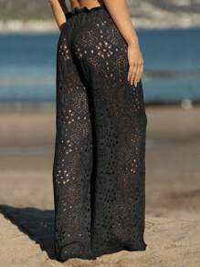 Fisoew Women's Sexy Crochet Beach Pants - Sheer Mesh Coverup With Adjustable Drawstring, Y2K Boho Aesthetic, Wide Leg Palazzo Pants, Hot Girl Summer, Plus Size Available, Resort Wear, Vacation Outfits