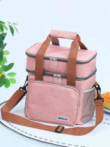 1Pc Pink Double Layer Insulated Lunch Bag, Leakproof Oxford Cloth Portable Lunch Box For Work, School, Picnic, Beach With Shoulder Strap, Side Pocket – Reusable And Easy To Clean, Hand Wash Bag For School School Accessories School Stuff - Multicolor - View 4