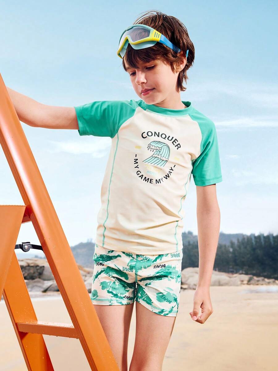 Balabala Boys' 2 Pieces Swimsuit, Chlorine-Resistant & UV Protection - Green Tone - View 1