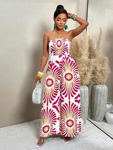 AIJ Amarilo Women's Sexy Vintage Floral Print Pleated Wide Leg Jumpsuit (Random Print), Summer - Hot Pink - View 2