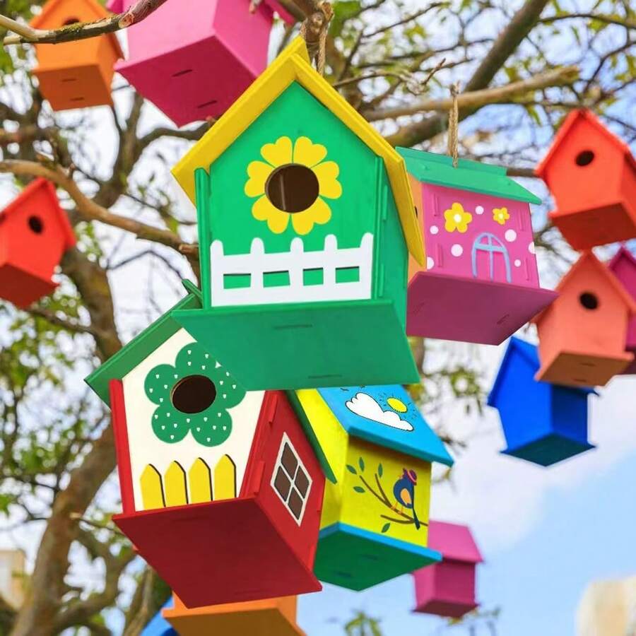 2 件套 DIY 鸟屋套件木制工艺品艺术 DIY 建造和绘画(包括油漆和刷子)适用于庭院装饰生日礼物圣诞礼物 - 彩色 - 查看 1