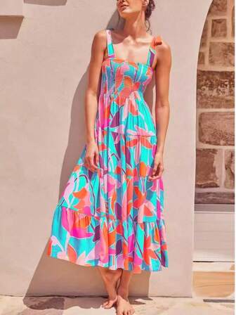 Robe longue sans manches à imprimé floral pour femme, élégante, à bretelles spaghetti et épaules dénudées