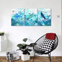 1 Set Of 3 Pcs Canvas Wall Art, Ocean Theme Animals, Modern Turtle Octopus Whale, Printed Craft Canvas Decoration For Home Decoration, Framed And Ready To Hang. ,Wall Art With Frame