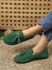 女式平底流苏乐福鞋，2025年新款纯色绒面革蝴蝶结软底一脚蹬平底女鞋 - 綠色 - 查看 6