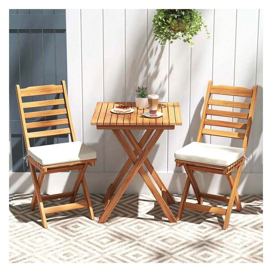 Outdoor Wood Bistro Set With Soft Seat Cushions And Table Natural - Multicolor - View 1