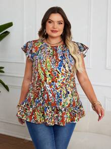 Plus Size Women Casual Leaf Print Puff Sleeve Ruched Shoulder Round Neck With Ruffle Hem Vacation Top, Summer