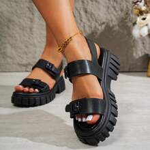 Women's New Round Toe Sandals, Thick Sole, Soft Bottom, Soft Leather, Comfortable, Non-Slip, Casual, Versatile, Open Toe, Plus Size 43, Roman-Style Sandals - Black - View 3