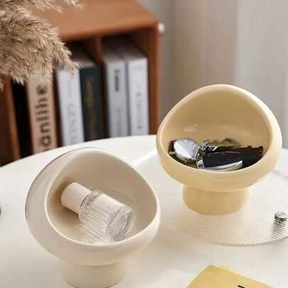 1pc Ceramic Mushroom Shaped Jewelry Tray, Oval Multifunctional Desktop Organizer, Decorative Trinket Dish, Beige, Jewelry Tray For Women Storage Organizer Travel Essentials Back To School Dormitory Storage Fall Decor