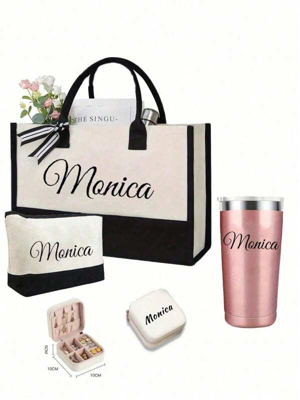 4PCS/Set Custom Burlap Tote Bag, With Makeup Bag And Water Cup Letter Printed Shoulder Bag, Women's Casual Tote Bag, Shopping Bag And Gift Bag, Canvas Tote Bag With Shoulder Strap, With Makeup Bag, Large Capacity Printed Tote Bag,All-Purpose,Large Capacity,Versatile,Multifunction,Colorful,Cute,Adorable,Contracted,Funny,Kawaii,Y2K,Minimalist,Commuting,Business Casual,Basics,Custom,Personalized,Unique,Customized,Ideal Gifts For Him,Ideal Gifts For Her,Her,Family,Friends,Girlfriend,For Anniversaries,For Birthdays,For Holiday/ Vacation,For Outdoors/Outings/Travel/Hiking/Stadium/Sports/Climbing,For Business/Commute/Work/Office