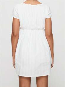 Women Summer Casual Short Dress Short Sleeve Solid Color/Stripe Print Square Neck Empire Waist Mini Dress - 白色 - 查看 3