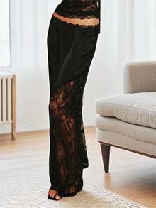 Women's Lace Long Skirts Mid Waist Solid Color Asymmetric Patchwork Midi Skirts Elegant Skirts - màu đen - Xem 2