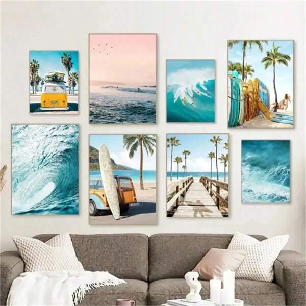 1 Pc Optinal Frame Posters Wall Arts Landscape Summer Sunshine Beach Surf Palm Trees Sea View Poster Canvas Paintings Wall Art Pictures Home Decor ,Wall Art With Frame