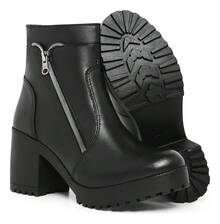 Women's Combat Boots High Heel Soft Tractor Boots Women's Mid-Calf Side Zipper Blogger - 黑色 - 查看 2