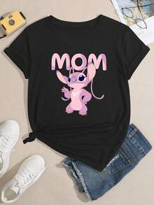 迪士尼女士家居服 T 恤，可爱针脚卡通印花，舒适 T 恤 - 黑色 - 查看 7