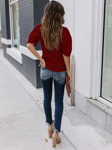 Women's Solid Short Sleeve Blouse Summer Crew Neck Casual Tops Fashion Puffed Sleeve Shirt