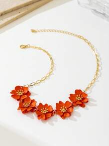 1 Pc Vibrant Orange Flower Shaped Double Layer Asymmetrical Five-Petal Pendant Necklace For Women, Suitable For Vacation, Daily Wear, Party Decoration, Gift Jewelry