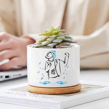 1pc DJ Ceramic Planter With Bamboo Tray (3.6"X2.6"), Succulent Planter, DJ Theme: Vinyl Record Turning, Musical Notes Flying, Headphones Playing Music, Planter Gift, Yard Decor, Desktop Decor