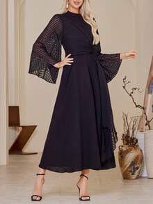 Stand Collar, Bell Sleeve Arabic Style Dress - Black - View 3