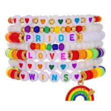 Multipack Rainbow Color Clay Bracelet, Rainbow Flag, Bisexual Pride Bracelet, Various Acrylic Beads And Elastic Bracelet Set