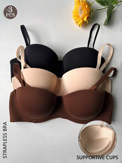 3件装纯色文胸，舒适提拉支撑，钢圈设计，可拆卸肩带，百搭款式，适合约会、度假、日常穿着、婚礼、正式场合、露肩连衣裙等场合。[适合B罩杯及以上]