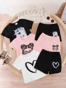 女童夏季休闲字母豹纹图案T恤和短裤两件套 - 粉色 - 查看 1