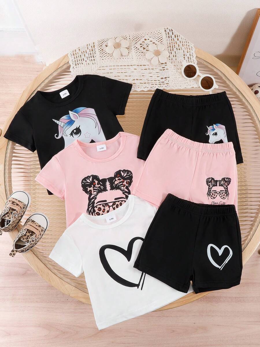 女童夏季休闲字母豹纹图案T恤和短裤两件套 - 粉色 - 查看 1