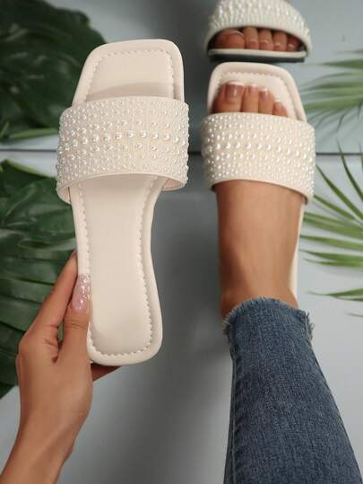 Platta sandaler dekorerade med pärlor för kvinnor, 5 storlekar av pärlor Gradient Lyxigt Glänsande Mode Mångsidigt Halkskydd för utomhus- och semesterdagar Plus Size (35-43) Klänning Flats, Slip-On Beach Tofflor