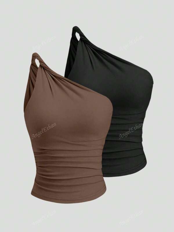 Blusa assimétrica com babados, detalhes torcidos e ombros assimétricos, estilo sexy