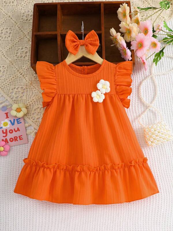 Set de 2 piezas para bebé niña: Vestido de manga de casquillo con decoración de flores hechas a mano de unicolor + diadema