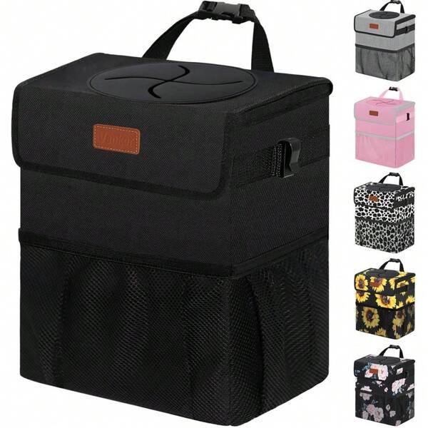 Car Trash Can Bin With Lid Hanging For Back Seat, Car Accessories For Women Men Leak Proof Automotive Garbage Cans Leakproof Vehicle Trash Can For Truck SUV Black