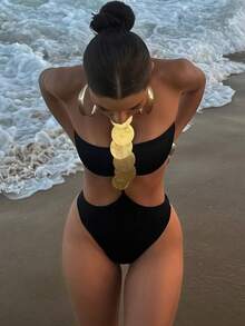 1pc Women's Sexy Sequin Decor Halter-Neck One-Piece Swimsuit