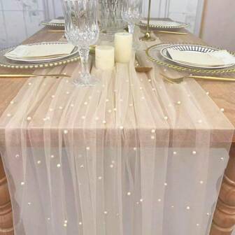 1 pièce Nappe de table de mariage en tulle et perles, tissu de décoration de table de dessert, rideau de fond de photographie de gâteau, accessoire de coiffe de mariée, style féérique, blanc/noir/rose/bleu/jaune, filet ajouré