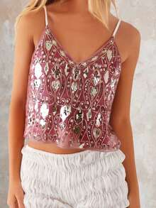 Women's Sequin Bead Cropped Camisole Spaghetti Strap V-Neck Slim Fit Tank Tops Streetwear - 粉色 - 查看 5