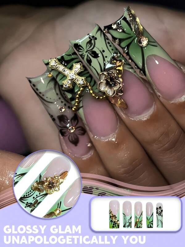 24 piezas Uñas postizas en forma de ataúd con flores teñidas en verde y rhinestones, tamaño largo, con gel de uñas y lima, para mujeres