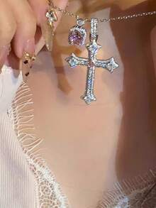 1 pieza Collar con colgante de cruz con diamantes, collar con colgante cuadrado rosa, collar de plata lujoso y de moda adecuado para que las mujeres lo usen diariamente, perfecto para citas, fiestas, festivales y regalos de joyería - Plateado - Ver 4