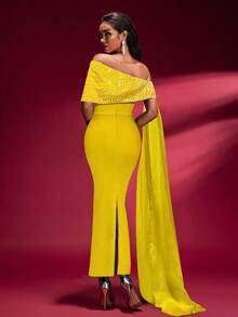 Women's Beaded Tie Splice Off Shoulder Bodycon Dignified Evening Maxi Dress, Autumn - Yellow - View 6