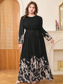 DEARCASE Plus Size Elegant Floral Print Balloon Sleeve A-Line Dress Black Spring - Black - View 4