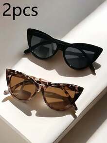 2pcs/1pc Fashion Girls Cat Eye Fashion Eyewear - Black And Tortoise Frame, Plastic Frame, Perfect For Casual Clothing, Casual Matching | Fashion Frame | Beach Holiday Accessories - Multicolor - View 1