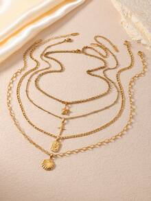 4pcs Fashionable Cute Stainless Steel Ladies Summer Necklace With Shell Cross Stars Beach Elements Suitable For Women'S Daily Matching Holiday Dating Gift Jewellery - Gold - View 3