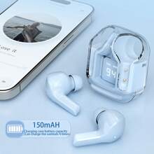 1 Transparent Wireless Bluetooth Earphone, Stereo Wireless Earphone, LED Battery Display, Type-C Charging Case, Compatible With All Smartphones, Suitable For Gaming, Music, Outdoor Sports/Business, Adult Use, Capacitive Microphone, Rechargeable 150mAh Battery, Polymer Lithium-Ion
