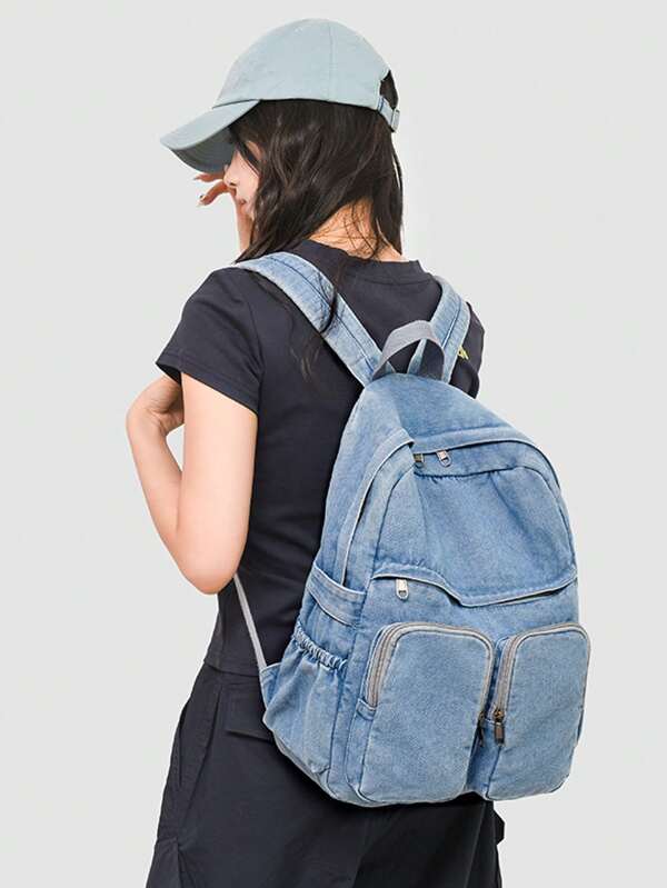 Mochila de Estilo Denim Vintage Lavado para Mulheres, Mochila Denim Casual para Faculdade Feminina, Mochila Bolsa para Transporte