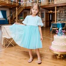 Girls Summer Dress Sequin Embellished Tulle Skirt Ruffled Sleeve Princess Style