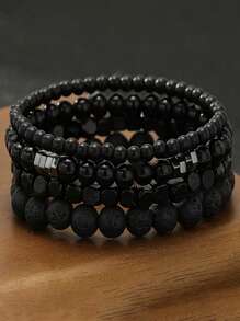 4pcs Vintage Matt Black Beaded Bracelets & Wooden Bead Bracelets For Men - Punk Style, Casual Street Fashion Accessories, Gift For Father's Day